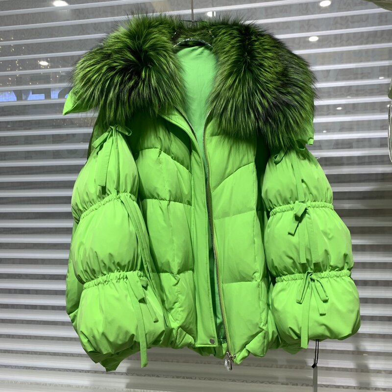 2023 Winter Warm Real Natural Raccoon Fur Collar White Duck Down Green Bread Coat Women Elegant Lantern Sleeve Bow Down Jacket