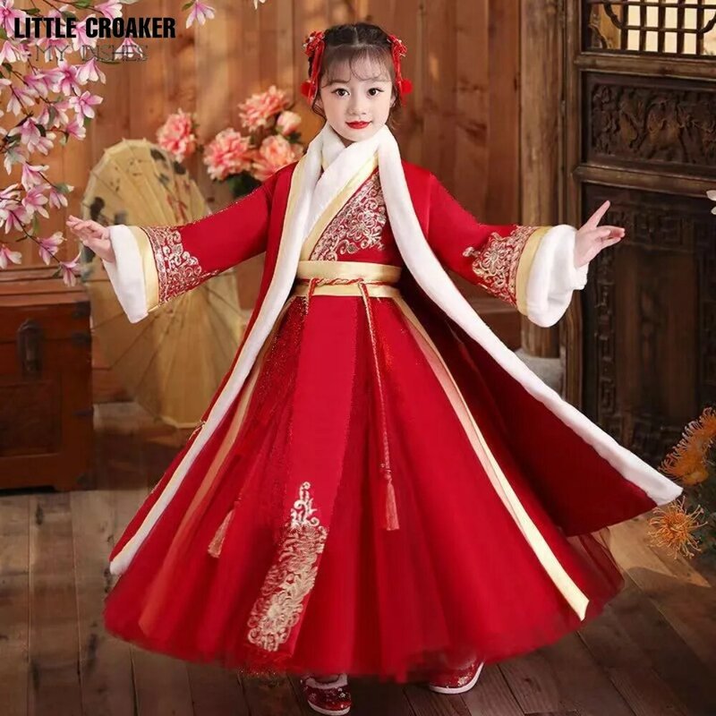 Terno acolchoado Hanfu Tang para meninas, traje antigo de fada infantil, roupa de ano novo chinês, vestido infantil com casaco, inverno