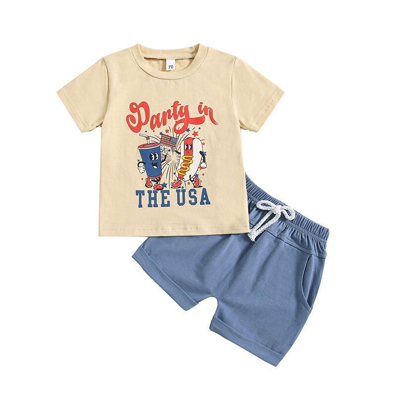 VISgogo T-shirt z krótkim rękawem i okrągłym dekoltem z nadrukiem w jednolitym kolorze z nadrukiem z kreskówek dla małych chłopców 4th of Julty