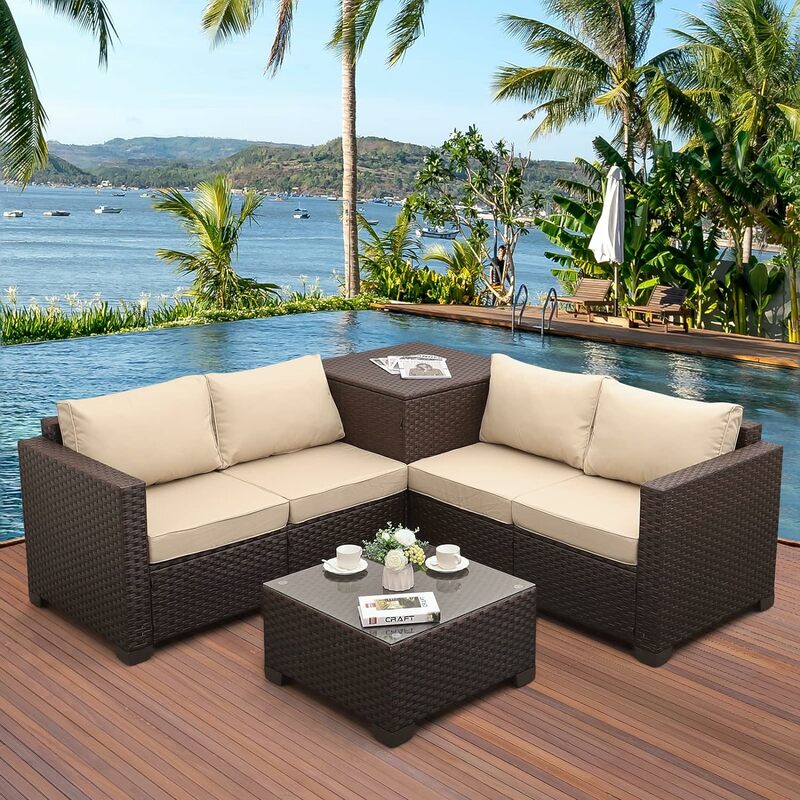 Patio PE Wicker Furniture Set 4 Pieces Outdoor Brown Rattan Sectional Conversation Sofa Chair with Storage Box Table