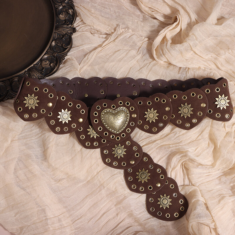 Ремень из искусственной кожи с пряжкой в форме сердца, декоративный ретро пояс в стиле стимпанк с широкими заклепками, в западном стиле, для женщин