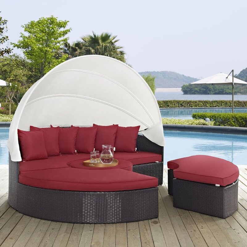 Red Wicker Rattan Mobiliário Set Pátio, Canopy retrátil, Round Poolside Sofá, Daybed em Espresso