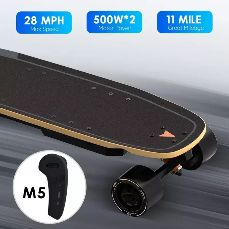 Skateboard elettrico con telecomando, velocità massima di 28 MPH, portata di 11 miglia, carico massimo di 330 libbre, per Skateboard per adulti e adolescenti
