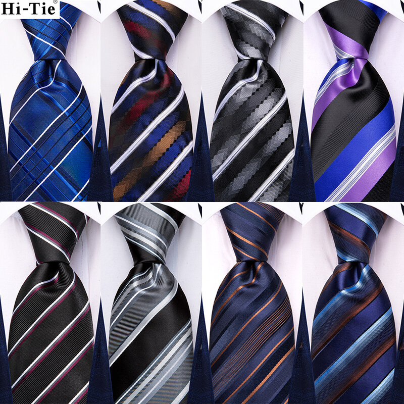 Hi-Tie corbata de seda para hombre, corbatas elegantes a rayas de color azul marino, mancuerna de pañuelo para boda, fiesta, negocios, diseñador de marca de moda