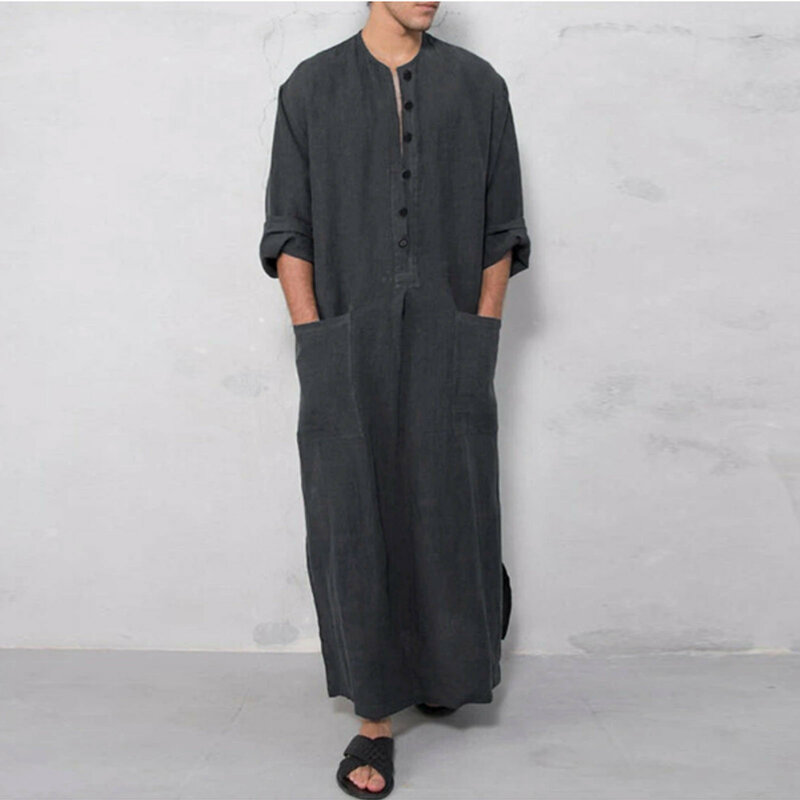 Jubba Thobe Men Islamic Arabic Kaftan Solid Short Sleeve Loose Retro Robes Abaya Middle Ethnic East Muslim Clothing mens robe