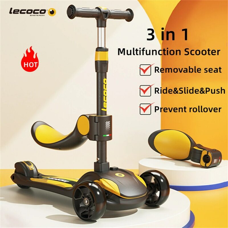 Lecoco Kids 3 Wheeled Scooter 3-in-1 Foldable Adjustable Height Removable Seat Anti-Slip Deck Easy Turning Folding Kick Scooter