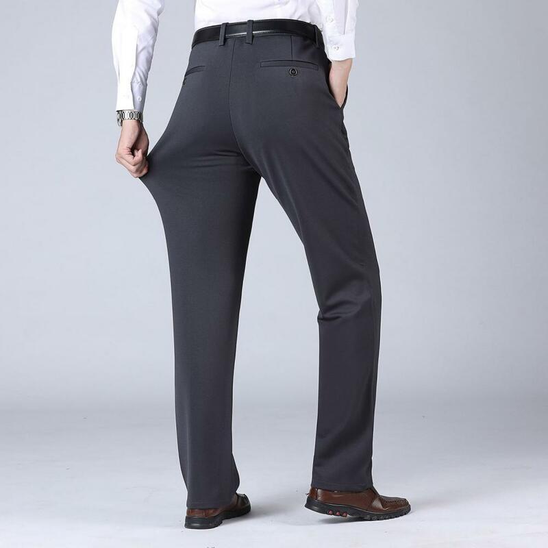 Calças masculinas de pelúcia quente, terno elegante, cintura alta, virilha profunda, bolsos aconchegantes, bolso lateral, inverno