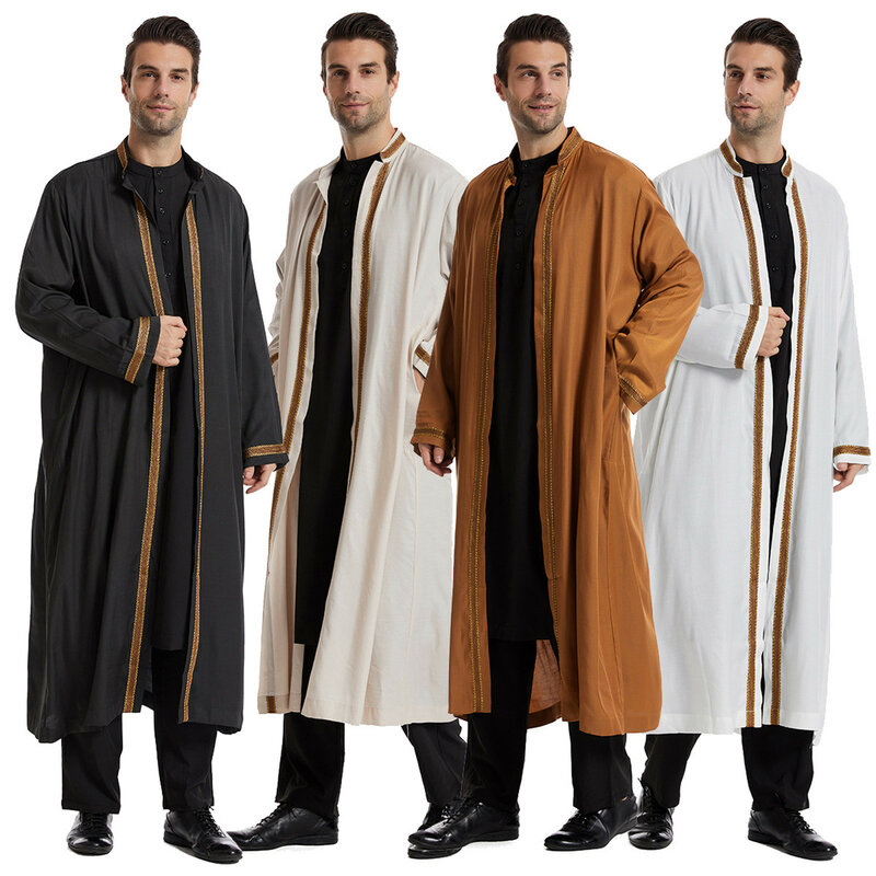 Manto muçulmano do Oriente Médio masculino com bolsos, roupa islâmica tradicional, cardigã de gola alta, Jubba Thobe, vestido diário em estilo básico