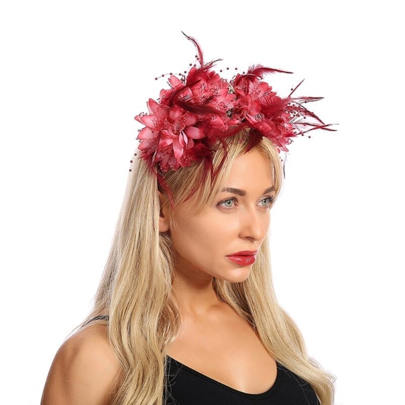 Ikat Kepala Kostum Pesta Ikat Rambut Bunga Merah Pita Rambut Bulu Bunga Wanita Hiasan Rambut Liburan Aksesori Kepala Wanita R7RF