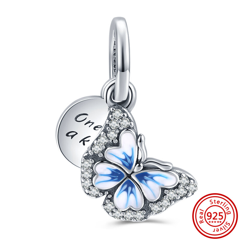 925 srebro Sakura Pansy Butterfly Dangle wisiorki koraliki wisiorek Fit oryginalna bransoletka Pandora dla damska biżuteria na prezent DIY
