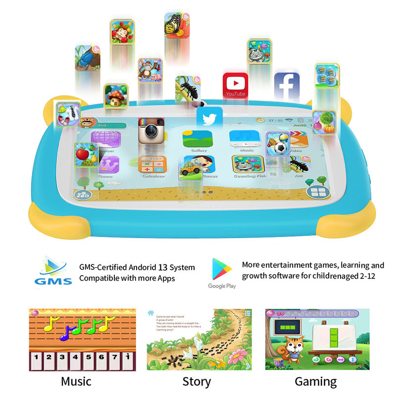 Sauenaneo-Tablet Android infantil, melhor presente para as crianças, 4GB de RAM, 64GB ROM, 13, 4000mAh bateria, 7 ", Novo, 2024