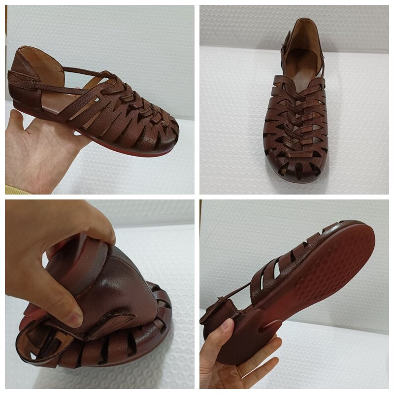 Koznoy 2cm Sandas splot prawdziwej skóry gumowe buty damskie Retro wydrążone haczyki na kostkę buty oddychające masywne obcasy letnie buty