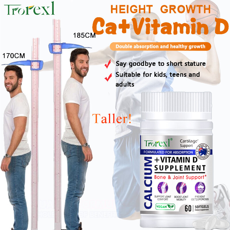 Pílulas de Crescimento Altura para a Saúde, Suplemento de Cálcio, Vitamina D3, Softgels Vegetarianos, Ajuda a Crescer Mais Alto, Suporte Imune e Osso