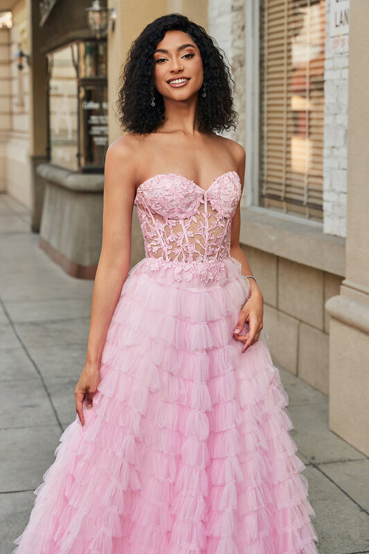 Gaun Prom Tiered A-Line tanpa lengan punggung terbuka ilusi Panjang menyentuh lantai gaun malam A-Line