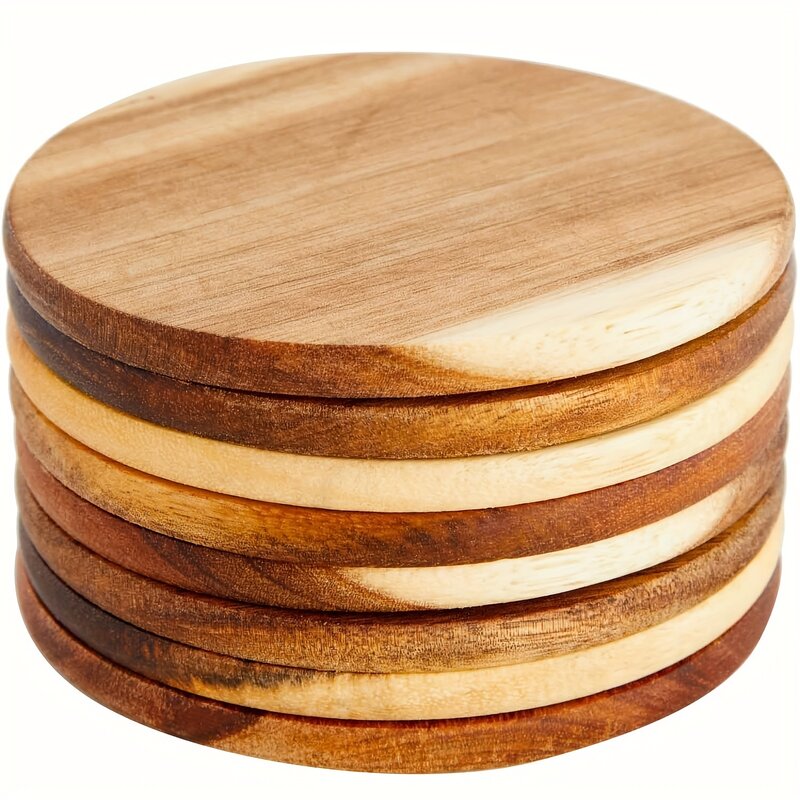 6 Packs Acacia Wood Coasters for Coffee Table - Wooden Coasters for Drinks, Dining Table, Bar (3.9 in)