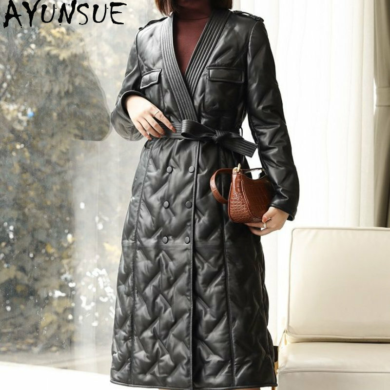 Ayunsue-女性の本革のシープスキンジャケット,長いダックダウンジャケット,冬のVネックの長いコート,2023