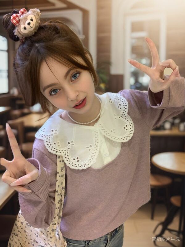 Blus wanita tambal sulam renda manis pendek kerah Peter Pan palsu dua potong Kawaii Mode Korea longgar Chic musim semi siswa