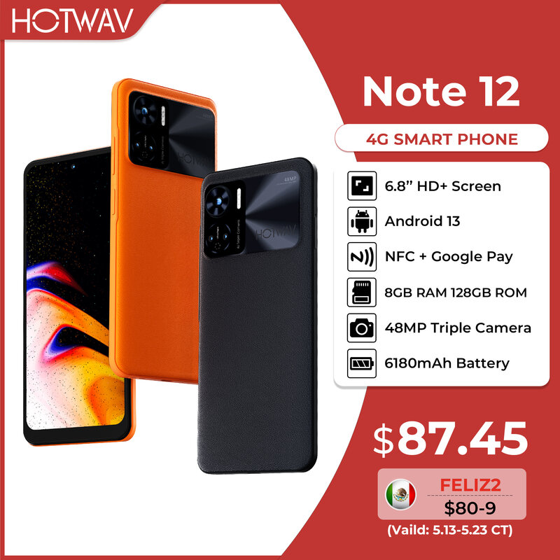 Hotwav Note 12 Smartphone 6.8 ''HD Android 13 8GB 128GB Octa-Core-Handy 48mp NFC 6180mah PD 3,0 20W Aufladen Handy