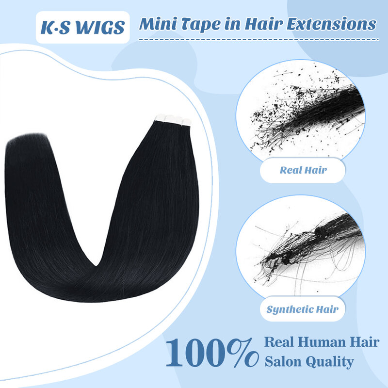 K.S – Extensions de cheveux naturels, Mini bande, noir, brun, vrais cheveux humains, lisses, sans couture, trame de peau, Invisible