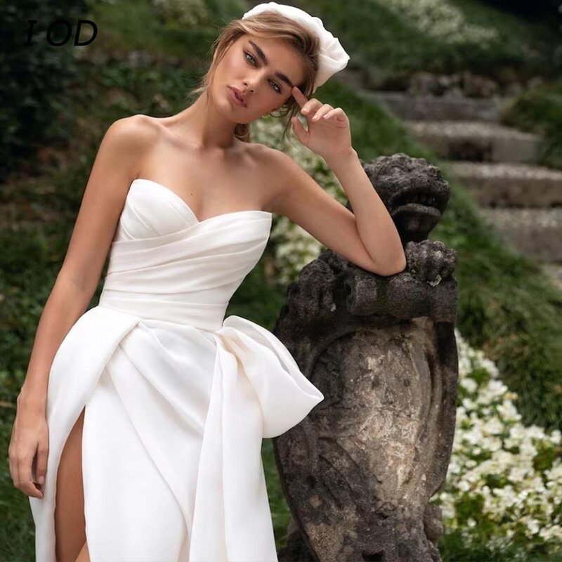 A linha vestido de noiva sem mangas, Vestido de noiva sem encosto, fenda lateral, plissado, até o chão, querida, sexy, simples, I OD