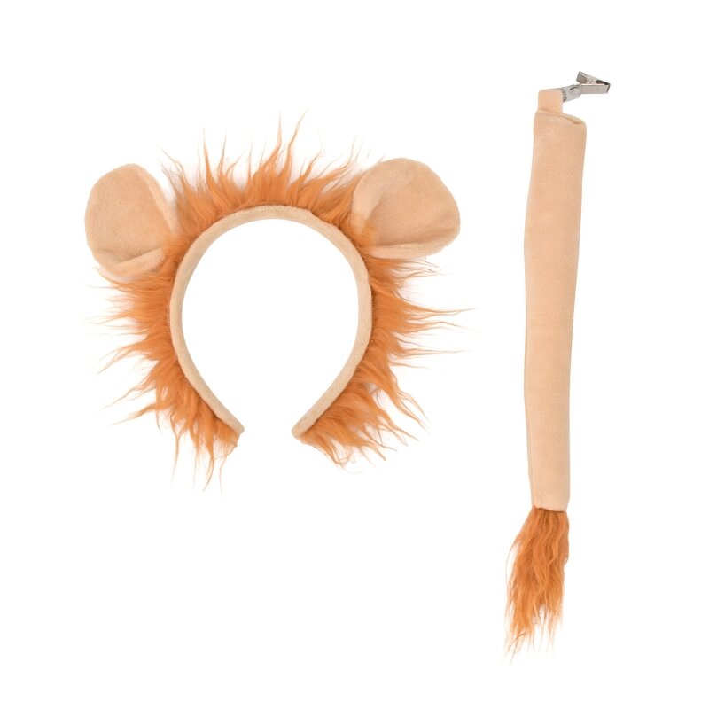 Plush Lion Ears Tail Costume Set para Crianças e Adultos, Animal Fancy Kit, Halloween Cosplay Acessórios