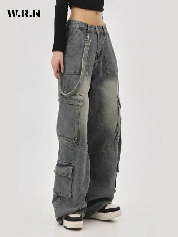 Y2K gamba larga 2000s pantaloni larghi in Denim pantaloni Casual Vintage da donna Jeans a vita alta retrò a vita alta da donna