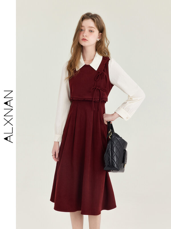 ALXNAN Elegant French Fake Two-piece Dress Female 2024 Autumn and Winter New Bow Tie Midi Pleated Dress Female Clothes T01003