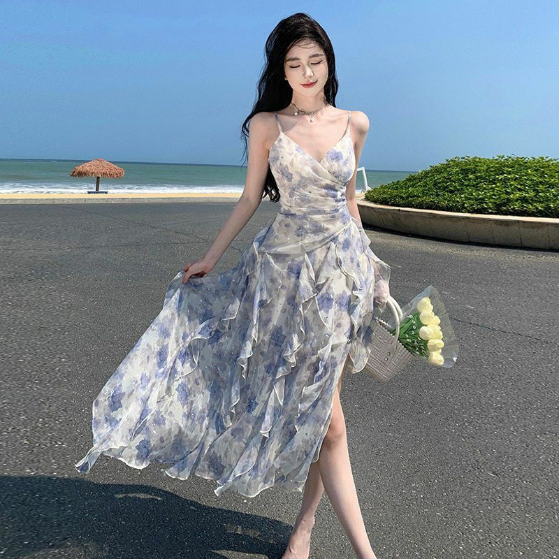 Летнее Длинное приталенное платье с цветочным принтом для отдыха на море