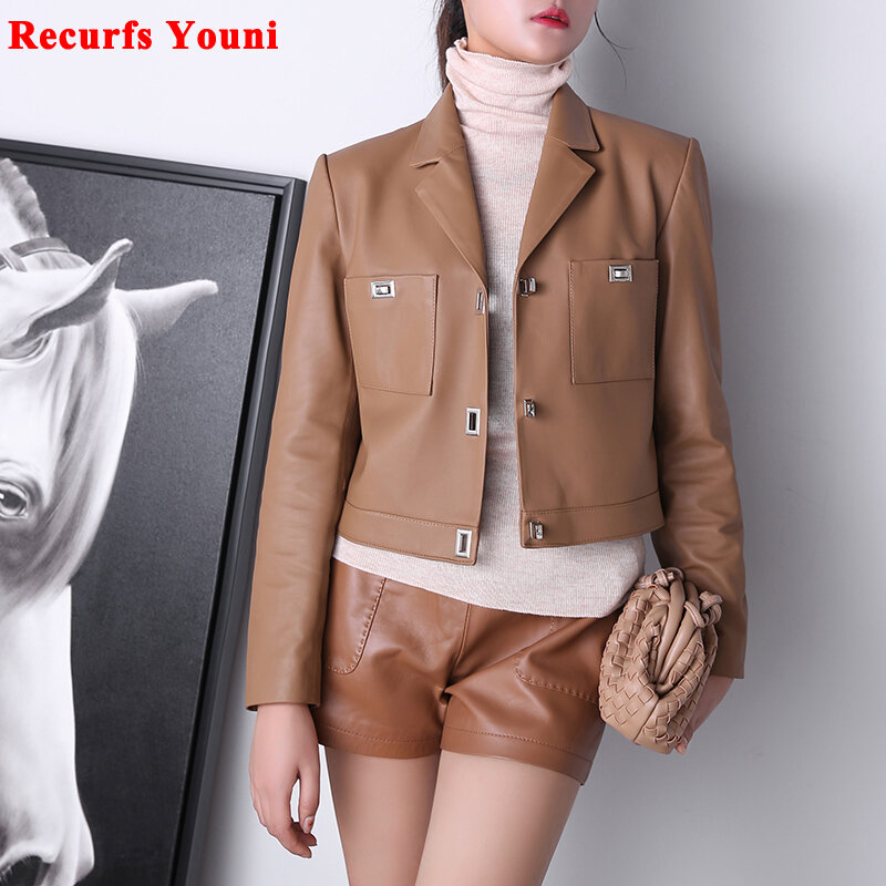 Manteau en cuir véritable pour femme, veste courte rose polyvalente, manches longues, fermeture en métal, mode coréenne, vêtements d'hiver décontractés pour femme