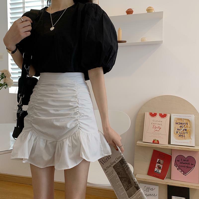 Deeptown rok Mini wanita, elegan Ruffle, rok pendek seksi manis putih, gaya Korea kasual bentuk A, rok dasar lucu Solid