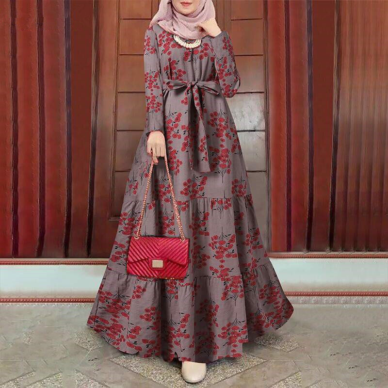 2023 New Islam Abaya Dress Retro Floral Robe Femme Musulmane Printed Belt abito da donna per europa e America