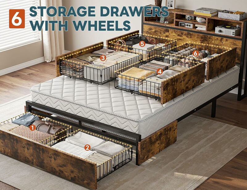 Marco de cama completo con 6 cajones de almacenamiento con cabecero, estación de carga, marco de cama completo con almacenamiento sin ruido, sin resortes de caja necesarios