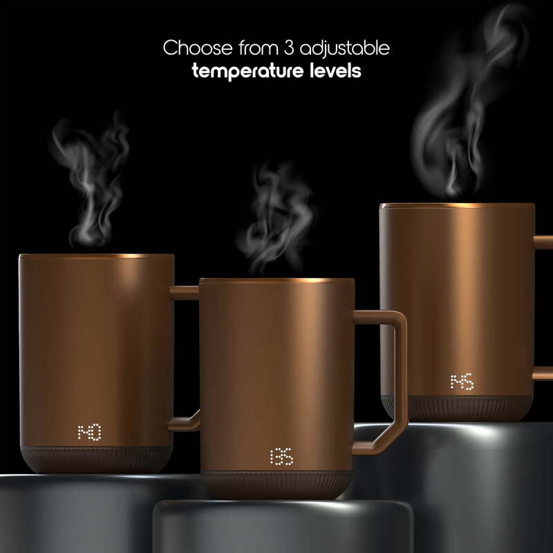 IonMug et sous-verre de chargement, 12oz. Tasse à café auto-chauffante en acier inoxydable avec couvercle, 3.5 po x 3.5 po x 5 po