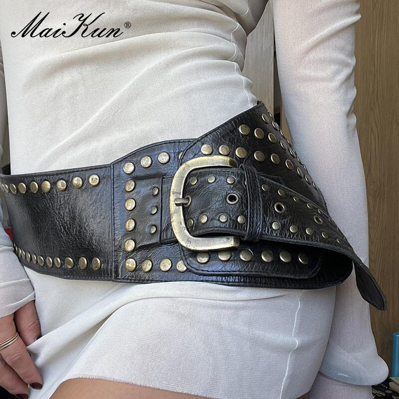 Maikun Vintage Fashion Wide Punk Belt For Women European Style Metal Stud PU Metal Round Buckle Waistband