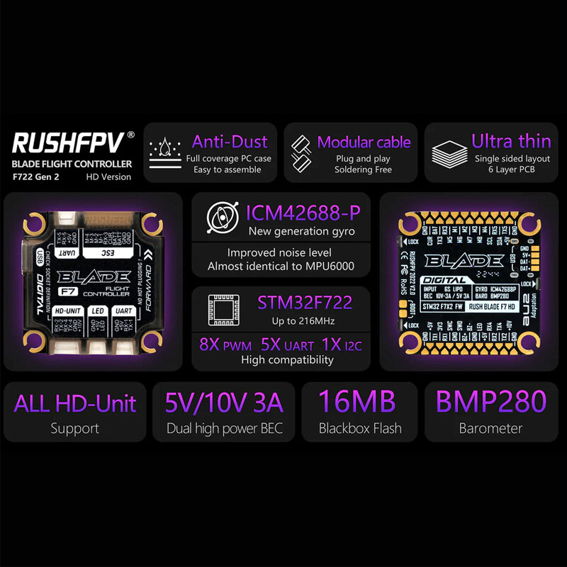 RUSHFPV-CONTROLADOR DE VUELO analógico Digital RUSH BLADE V2 Stack F722 Extreme 50A 128K BLHELI32 4 en 1 ESC para Drones de carreras RC FPV