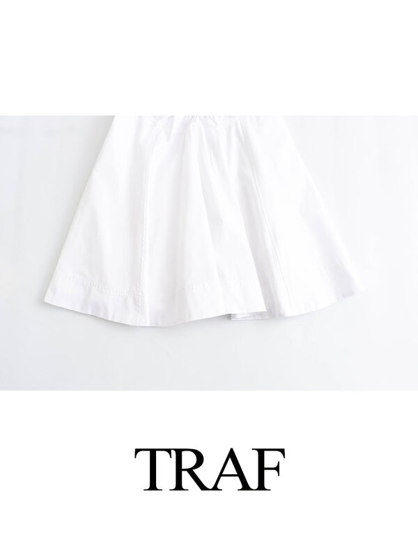 TRAF Mini sukienka w stylu plażowym dla kobiet moda lato biały dekolt w serek bez rękawów sznurowane drążą zamek błyskawiczny bez pleców eleganckie sukienki