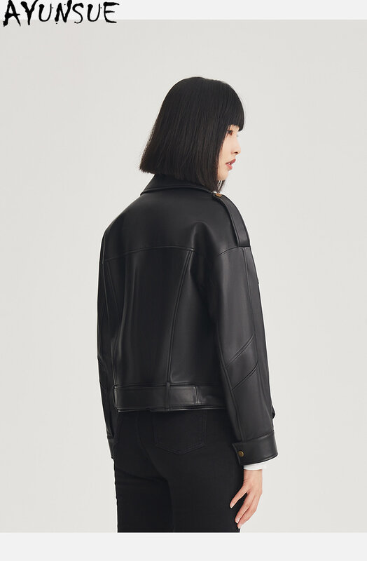 AYUNSUE 여성용 100% 진짜 가죽 재킷, 짧은 진짜 양가죽 코트, 루즈 가죽 재킷, 바이커 스트리트웨어, 2023 신상 패션