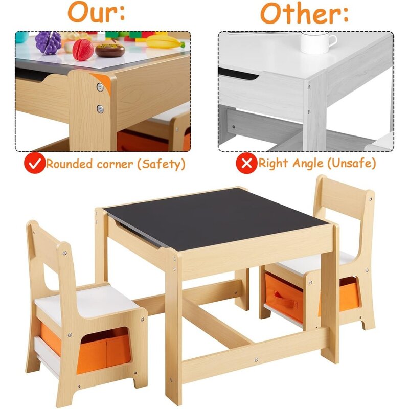 Children's table and chair set,three in one wooden activity table with drawers,two in one detachable desktop table and chair set
