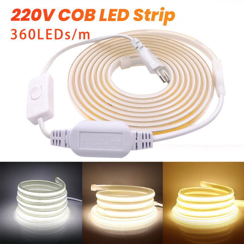 Super Bright COB LED Strip Light Lâmpada ao ar livre impermeável, Fita flexível, Iluminação linear com interruptor, EU Power Plug, 360LEDs por m, 220V