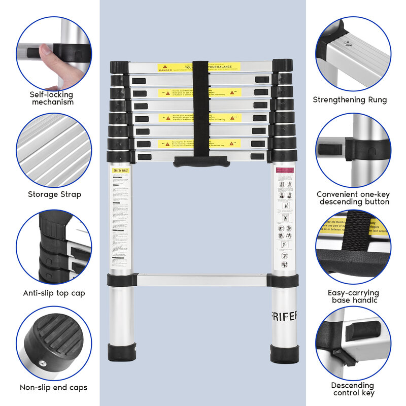 150 Inch Intrekbare Ladder 3.8M Anti-Slip Ontwerp Veilig En Betrouwbaar