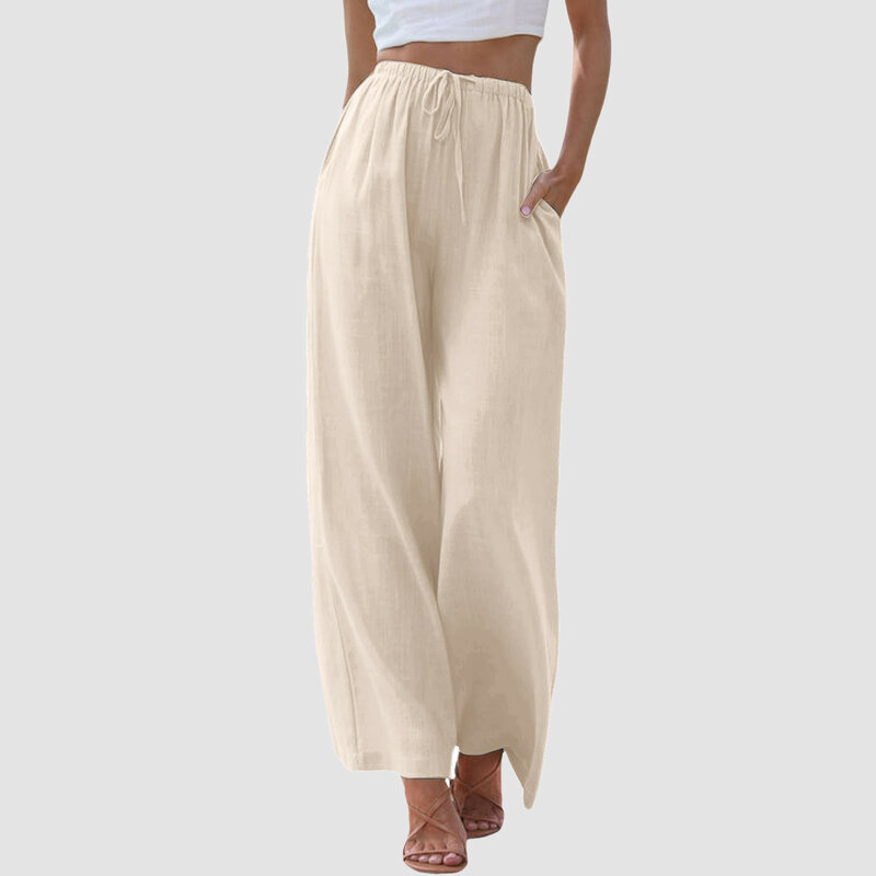 Pantalones informales bohemios para mujer, pantalón holgado Vintage sólido básico con cordón, cintura alta, pierna ancha, pantalones cómodos de playa para verano