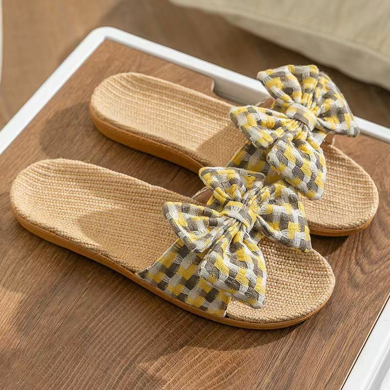 New Women's Summer One Word Linen Flat Sole Slippers Free Shipping Soft Sole Non Slip Breathable Plaid Bow Home Casual Slippers