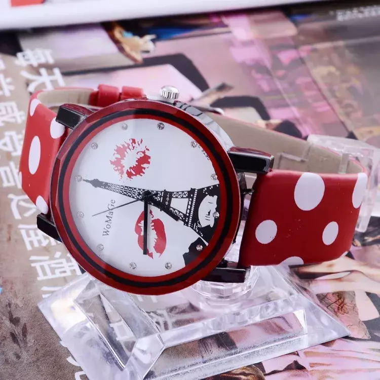 2019 Womage Vrouw Horloge Mode Eiffeltoren Horloge Polka Dot Lederen Horloges Vrouwen Horloges Horloges Quartz Horloge Dames