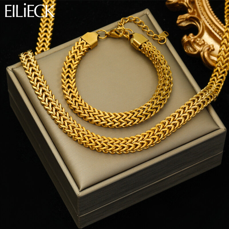 EILIECK 316L Stainless Steel Gold Color Thick Chain Choker Necklace Bracelet for Women Fashion Waterproof Jewelry Set Gift Party