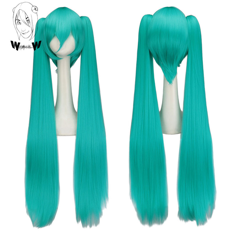 Whimical W rambut sintetis Miku Cosplay Wig panjang Wig pesta hijau tahan panas dengan 2 klip Wig ekor kuda