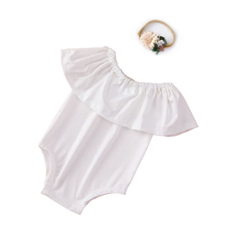 꽃무늬 머리 장식이 있는 아기 점프수트 드레스 1-6개월 여아용 사진 촬영 옷