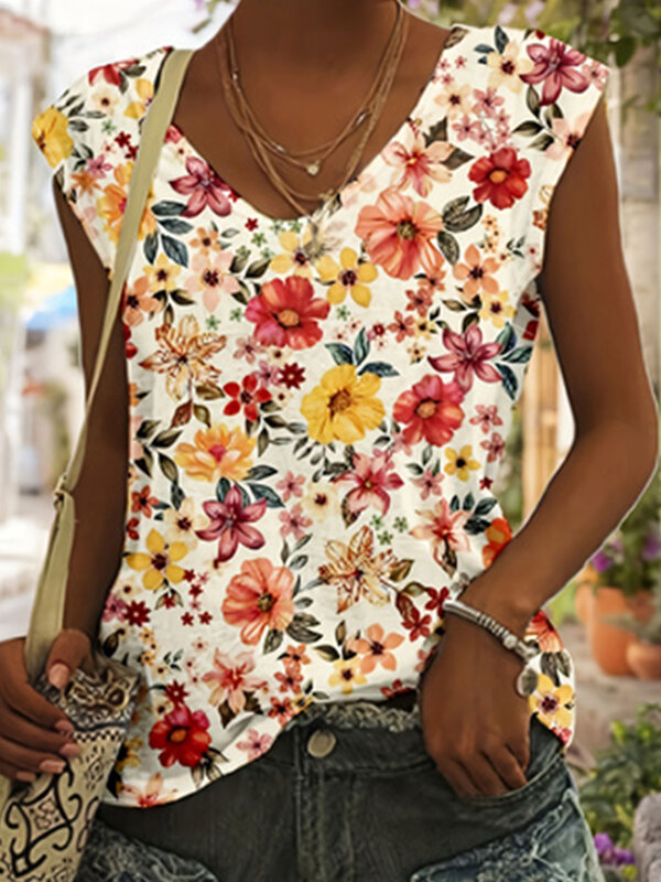 Camiseta sin mangas con estampado Floral para mujer, Top informal con cuello en V, ropa de talla grande para verano