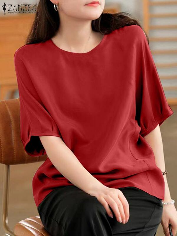 ZANZEA-Blusa holgada informal con cuello redondo para mujer, camisa de manga larga con hombros descubiertos, color liso, estilo coreano, 2024