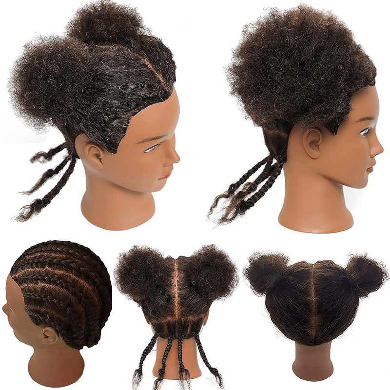 Tête de mannequin afro 100% vrais cheveux, tête d'entraînement, tête de coiffure, cheveux tressés, tête de poupée pour pratiquer les cornrows et les tresses