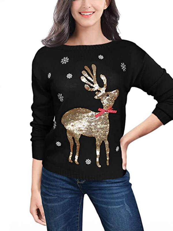 Women's Christmas Red Black Loose Knit Sweater Sequin Elk Long Sleeve Pullover Spring Autumn Crewneck Sweater Streetwear